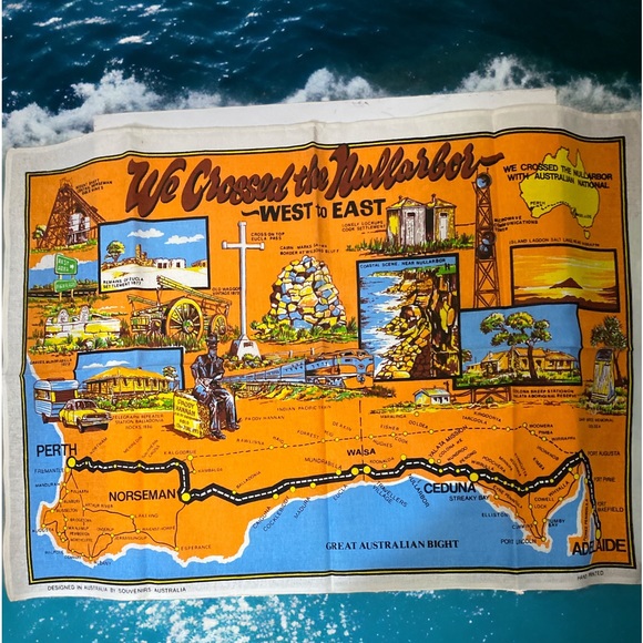 Pure Linen Tea Towel “We Crossed The Nullarbor.” In Australia .Tourist Souvenir - Picture 1 of 6